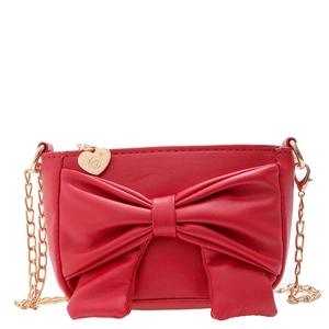 Red leather mini bow crossbody bag for girls with gold chain strap and heart charm