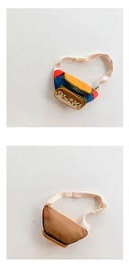 Detailed view of kids crossbody bag with multi-color splicing and PLAY! lettering