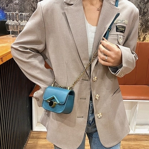 Chic blue mini chain crossbody bag for kids with vintage square design and golden strap