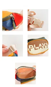 Detail view of colorful kids chest bag with PLAY print and adjustable buckle straps