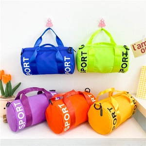 Close-up of durable nylon sport bags in blue green purple orange and yellow colors