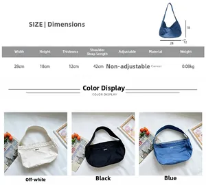 Size guide for canvas tote bag showing dimensions 28x18x12cm in three colors