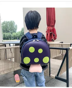 Detail of purple mushroom-shaped backpack with green dots on a child's back