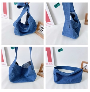 Detailed views of blue denim kids tote bag with Hey embroidery and gray lining