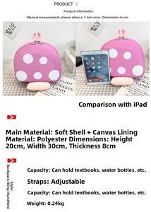 Pink mushroom backpack details showing shell material and dimensions compared to iPad