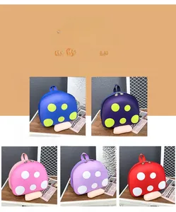 Detailed color selection of cute mushroom backpacks in blue, pink, purple, and red options
