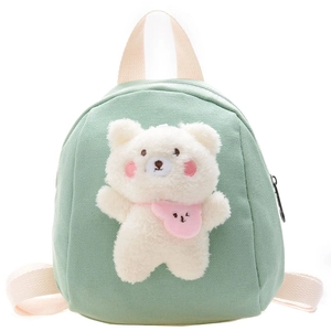 Cute green canvas toddler backpack featuring a 3D plush bear on a white background
