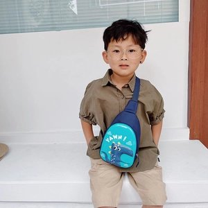 Cute dark blue dinosaur eggshell crossbody chest bag for boys and girls with adjustable strap