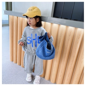 Kids grey sweatshirt set with yellow cap and blue denim tote bag for daily casual wear
