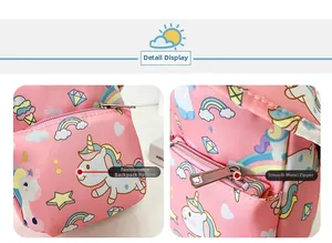 Détail du motif licorne et de la fermeture éclair en métal sur le sac de poitrine rose