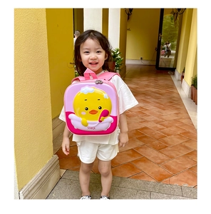 Pink cartoon duck backpack for toddlers with 3D yellow duckling design on the back