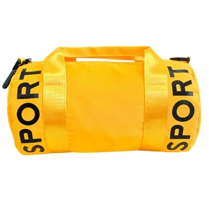 Yellow cylindrical kids sports bag with SPORT print and double handles on white background