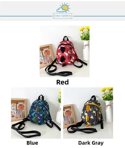 Three colors of cute dinosaur backpacks for boys in red, blue and dark grey with 3D spikes
