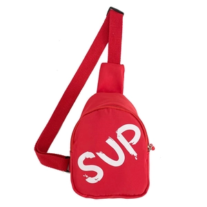 Red nylon crossbody chest bag for kids with white SUP logo and adjustable strap