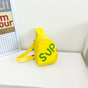 Vibrant yellow kids crossbody bag with green SUP print and adjustable nylon strap