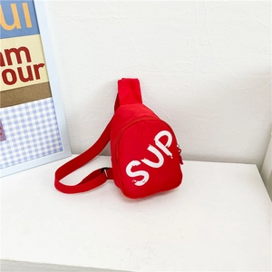 Kids sporty red crossbody chest bag with white SUP graffiti print and nylon strap