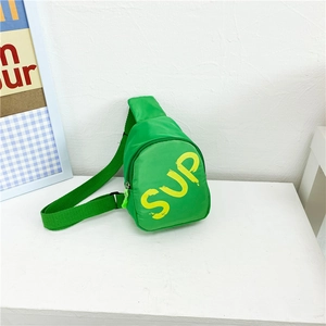 Cute bright green kids chest bag with yellow SUP print and adjustable strap