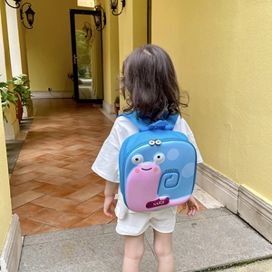 Blue hard shell cartoon snail kids backpack for school and travel with soft straps