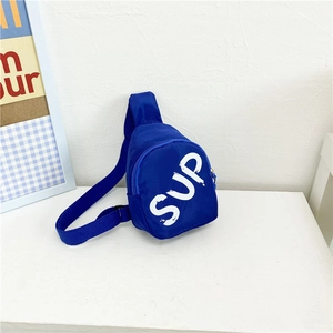Kids royal blue nylon chest bag with white SUP lettering and adjustable shoulder strap