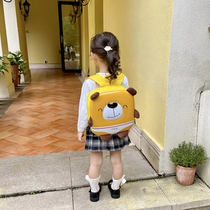 Lightweight yellow hard shell bear backpack for kids with 3D ears and cartoon face