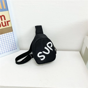 Cute black nylon shoulder bag for kids featuring a white SUP letter print design