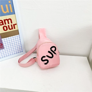 Pink mini crossbody chest bag for girls with bold black SUP letter print and nylon fabric