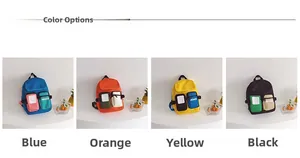 Color variety of kids backpacks with multi-pocket design in blue, orange, yellow, and black