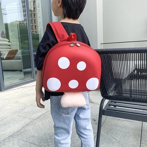 Cute red mushroom backpack with white polka dots and hard shell for young children
