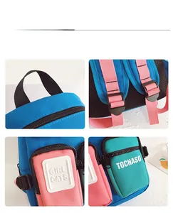 Detail view of colorful school backpack with adjustable straps and zipper pockets