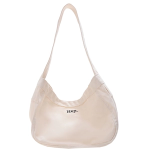 Kids minimalist canvas crescent shoulder bag in creamy white with Hey- print