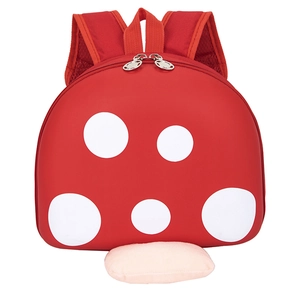 Cute red mushroom toddler backpack with white spots and adjustable mesh straps