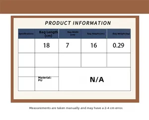 Detailed size guide table showing 18x7x16cm dimensions and PU material for the cartoon bag