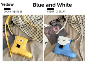 Close-up of yellow and blue rain boot shaped silicone mini crossbody bags for women