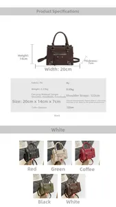 Detailed size specifications and material chart for the PU leather motorcycle handbag