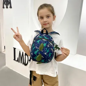 Cute dark blue dinosaur backpack for boys with green 3D spine and dinosaur pattern