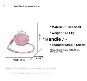 Size chart and specifications for the pink cartoon down jacket style mini crossbody bag