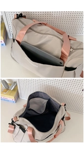 Detailed view of large travel bag with wet-dry separation pocket and tablet storage