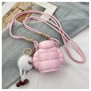 Pink mini down jacket style earphone case with shoulder strap and a cute white plush charm
