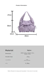 Light purple nylon tote bag specifications showing dimensions 40x30x12cm and strap height