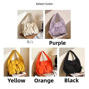 Collage of large capacity drawstring shoulder bags in five different soft solid colors
