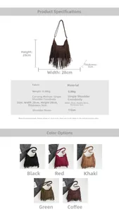 Detailed specs of solid color tassel tote bag showing dimensions and five color options