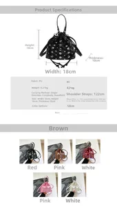 Detailed spec sheet and multi-color views of the studded bucket bag with PU leather texture