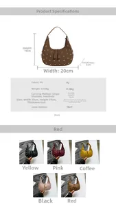 Size chart showing dimensions for a vintage studded hobo bag with five color options