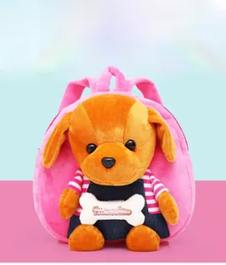Detailed front view of a cute plush puppy backpack with colorful 3D cartoon design