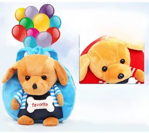 Detail of blue plush toddler backpack featuring a cute 3D stuffed puppy character