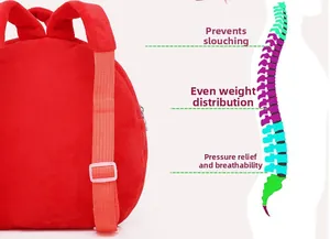Detail of red plush kids backpack showing ergonomic spine support and breathable design