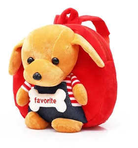 Detailed macro view of cute plush puppy doll with stripe shirt on small red backpack