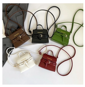 Vue de dessus de cinq mini sacs bandoulière colorés en cuir avec boucles dorées élégantes