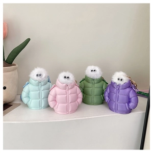 Detailed view of colorful puffy down jacket earphone cases with fur pom-poms and metal hooks
