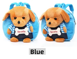 Detail view of the blue puppy backpack with striped shirt and white bone ornament